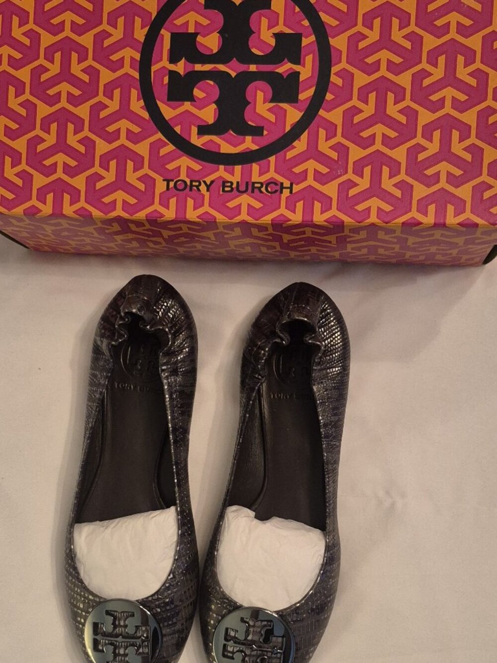 Tory Burch Reva Metallic Lizard ballet flats  in pewter, size 7